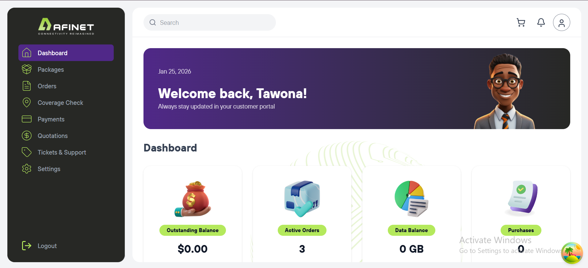 AFINET customer portal showing fiber internet service packages, data plans, and account management dashboard