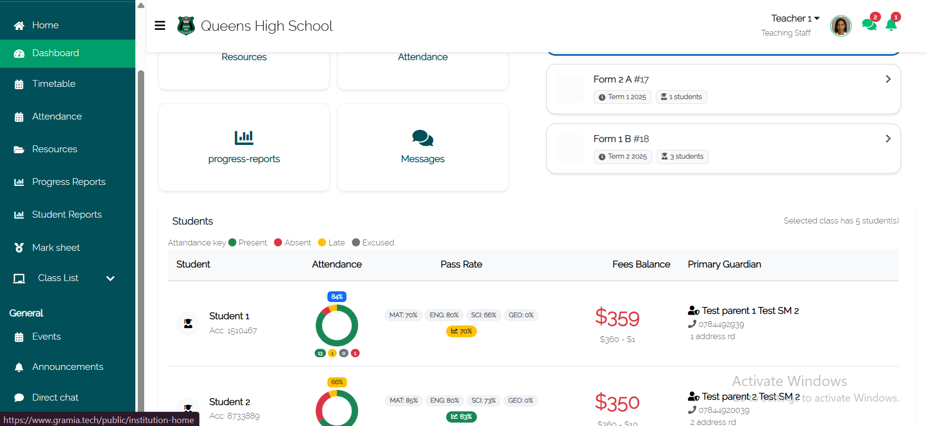 Gramia school management system showing student dashboard, grade tracking, and communication interface