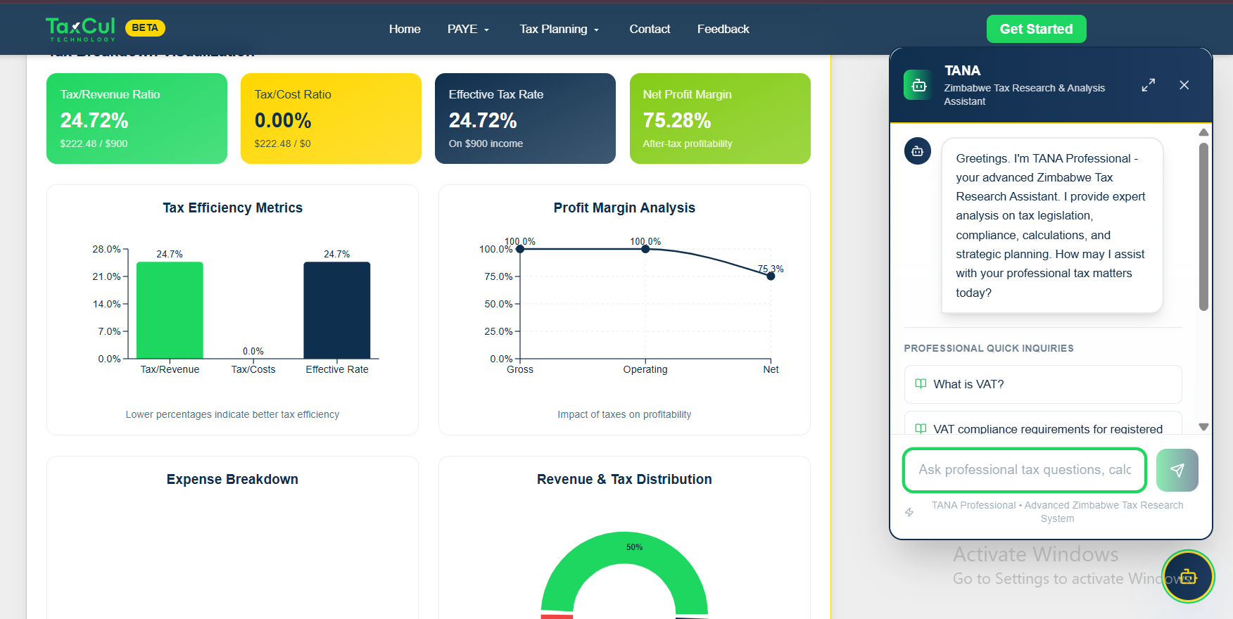 Taxcul tax calculator application interface showing tax calculation forms and AI assistant chatbot